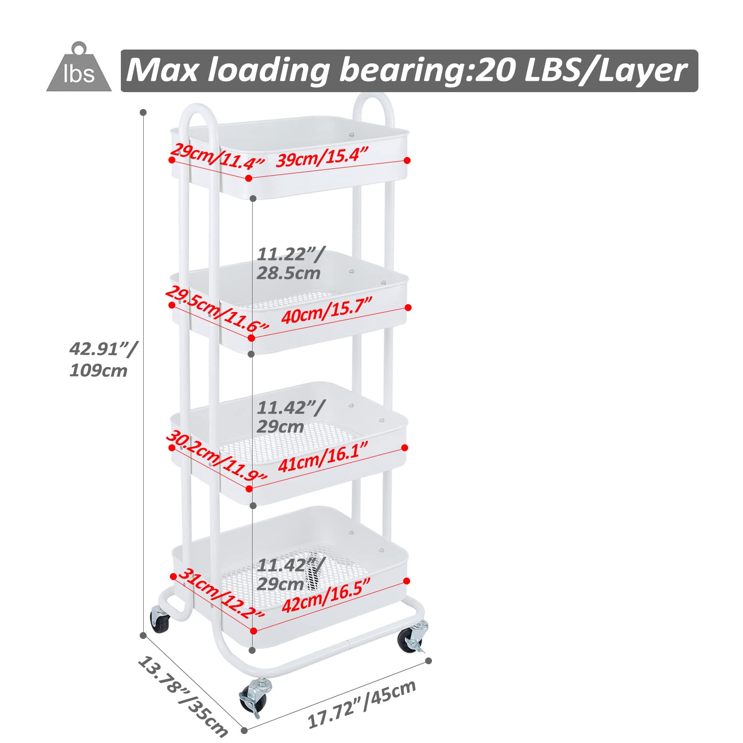 4-Tier Metal Mesh Utility Rolling Cart Storage Organizer Shelf Rack with Lockable Wheels for Living Room Kitchen Office, White