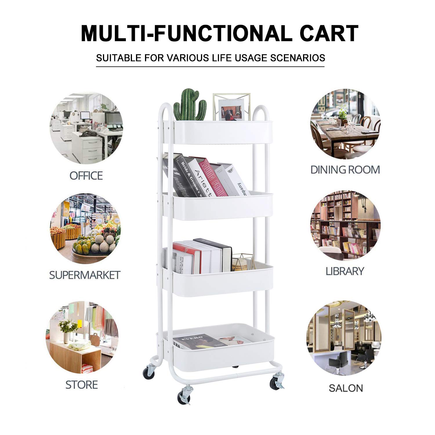 4-Tier Metal Mesh Utility Rolling Cart Storage Organizer Shelf Rack with Lockable Wheels for Living Room Kitchen Office, White