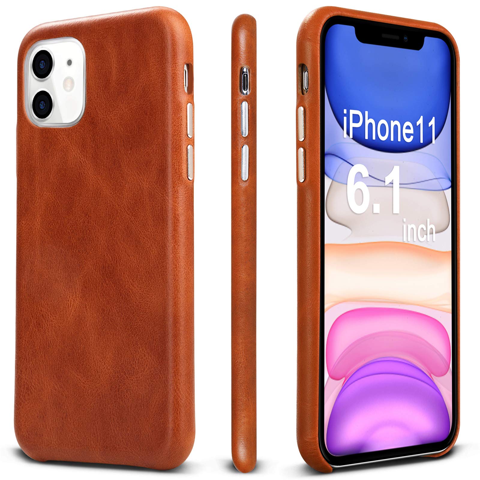 TOOVREN iPhone 11 Case iPhone 11 Leather Case Genuine Protective Ultra Thin Slim Shockproof Anti-Scratch Vintage Phone Case Hard Back Cover for Apple iPhone 11 6.1 inch 2019 Brown