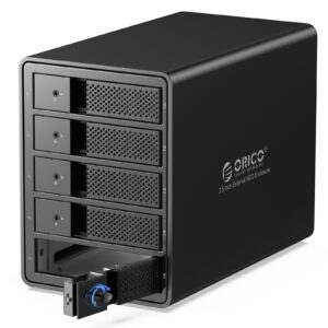 orico 5 bay hard drive enclosure tray-less aluminum 3.5" external hdd enclosure build-in 80mm cooling fan and 150w power supply max up to 80tb (5 x 16tb), designed with safety lock-9558u3