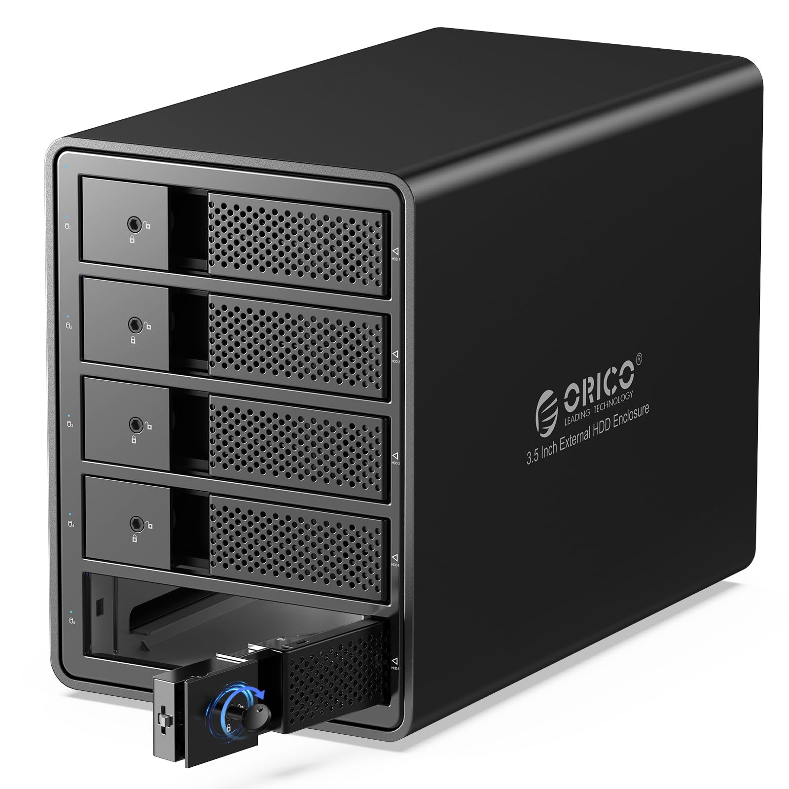 ORICO 5 Bay Hard Drive Enclosure Tray-Less Aluminum 3.5" External HDD Enclosure Build-in 80mm Cooling Fan and 150W Power Supply Max Up to 80TB (5 x 16TB), Designed with Safety Lock-9558U3