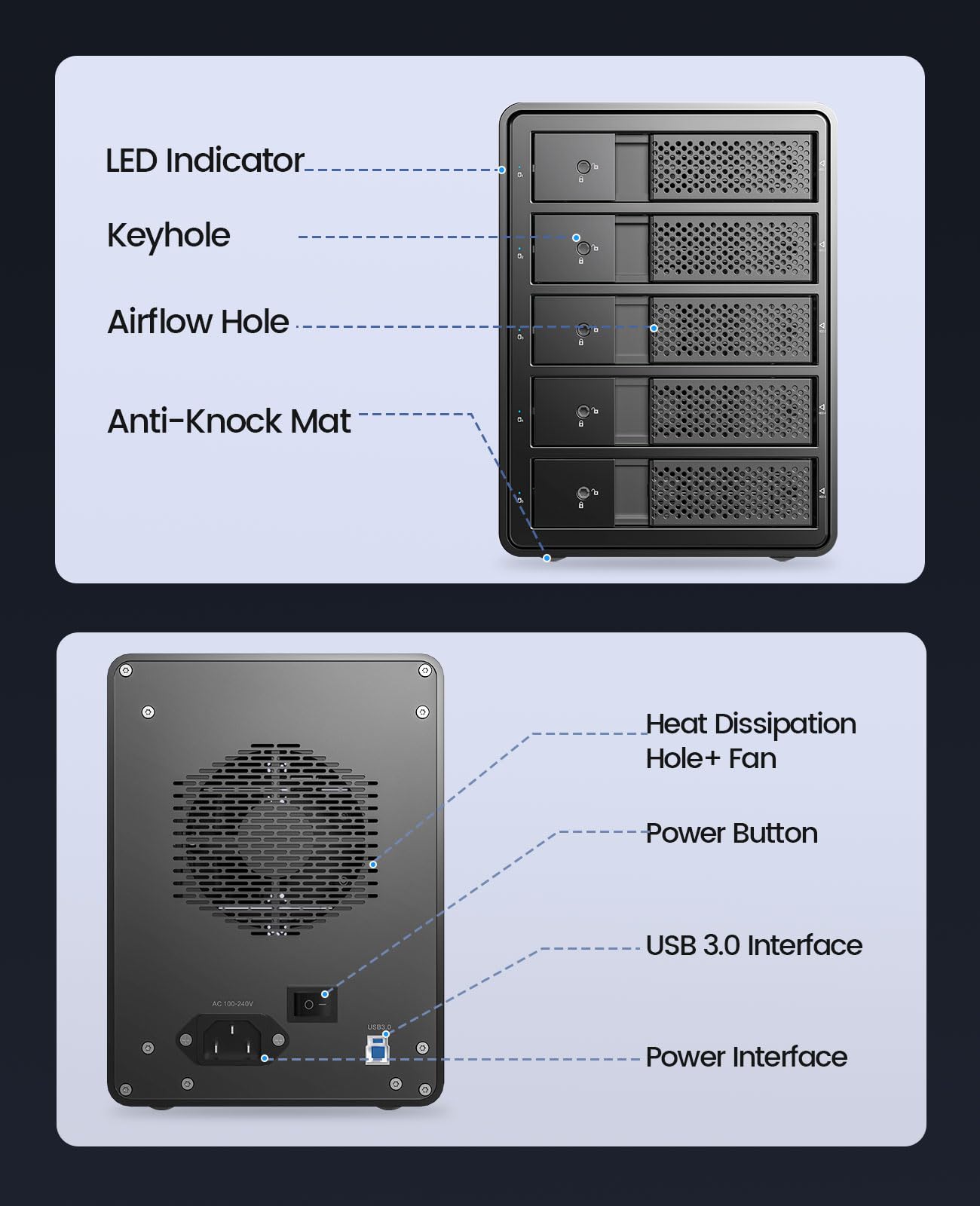 ORICO 5 Bay Hard Drive Enclosure Tray-Less Aluminum 3.5" External HDD Enclosure Build-in 80mm Cooling Fan and 150W Power Supply Max Up to 80TB (5 x 16TB), Designed with Safety Lock-9558U3