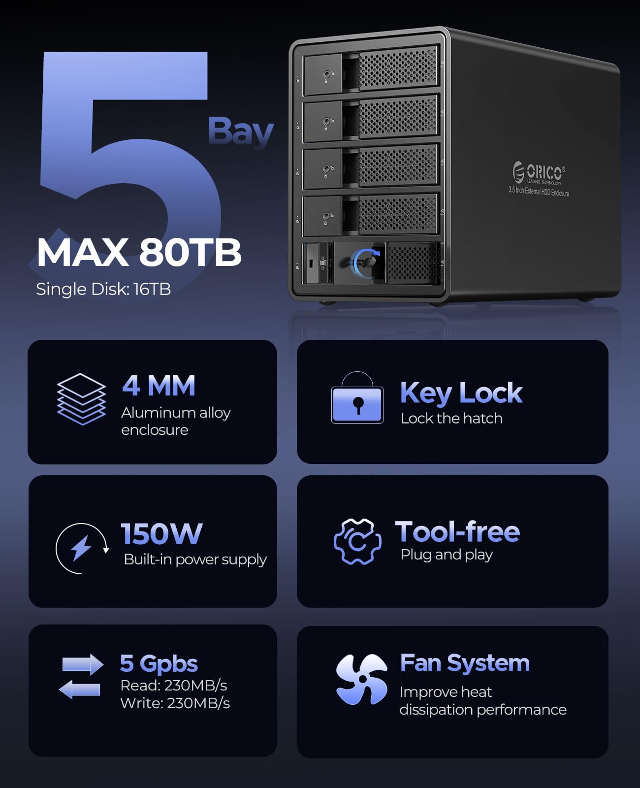 ORICO 5 Bay Hard Drive Enclosure Tray-Less Aluminum 3.5" External HDD Enclosure Build-in 80mm Cooling Fan and 150W Power Supply Max Up to 80TB (5 x 16TB), Designed with Safety Lock-9558U3