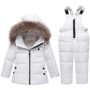 SANMIO Baby Boys Girls Two Piece Snowsuit, Toddler Winter Hooded Puffer Down Jacket Coat with Ski Bib