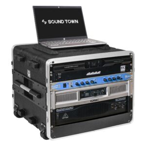 sound town lightweight 8u pa dj rack/road case with 7u rack space, abs construction, 19” depth, retractable handle, wheels and heavy-duty latches (strc-a8ut)