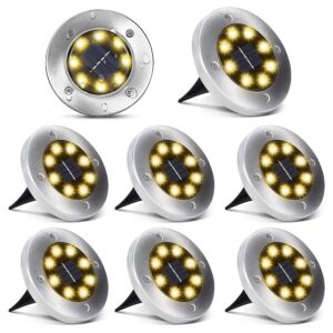 aogist solar ground lights,8 led garden lights patio disk lights in-ground outdoor landscape lighting for lawn patio pathway yard deck walkway (warm white, 8 pack)