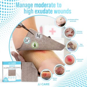 JJ CARE Silver Calcium Alginate Wound Dressing (Pack of 10) 4x5, Calcium Alginate Wound Dressing, Individually Packed Calcium Alginate, Highly Absorbent Silver Wound Dressing