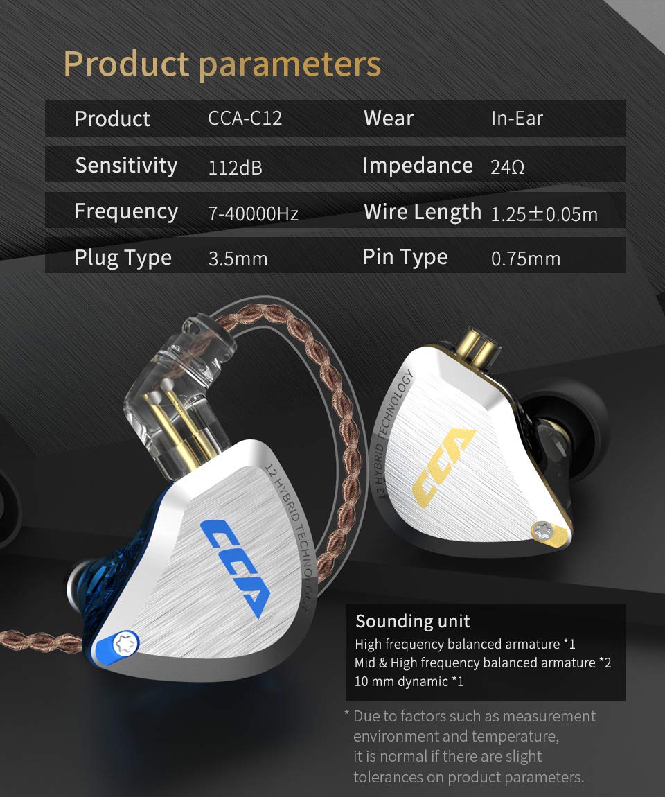 CCA C12 5BA+1DD in Ear Monitor,HiFi Bass in Ear Earphone, IEM Wired Headphones, HiFi Stereo Sound Earphones Noise Cancelling Ear Buds with 6 Balanced Armature Drivers 0.75mm 2pins Cable(No Mic,Gold)