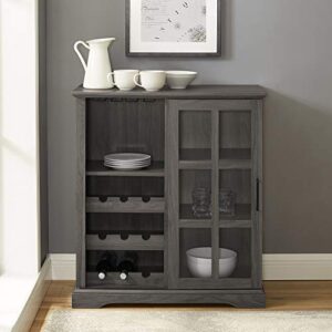 Walker Edison Wood Sliding Glass Door Bar Cabinet Entryway Serving Wine Storage Doors Dining Room Console, 36 Inch, Slate Grey