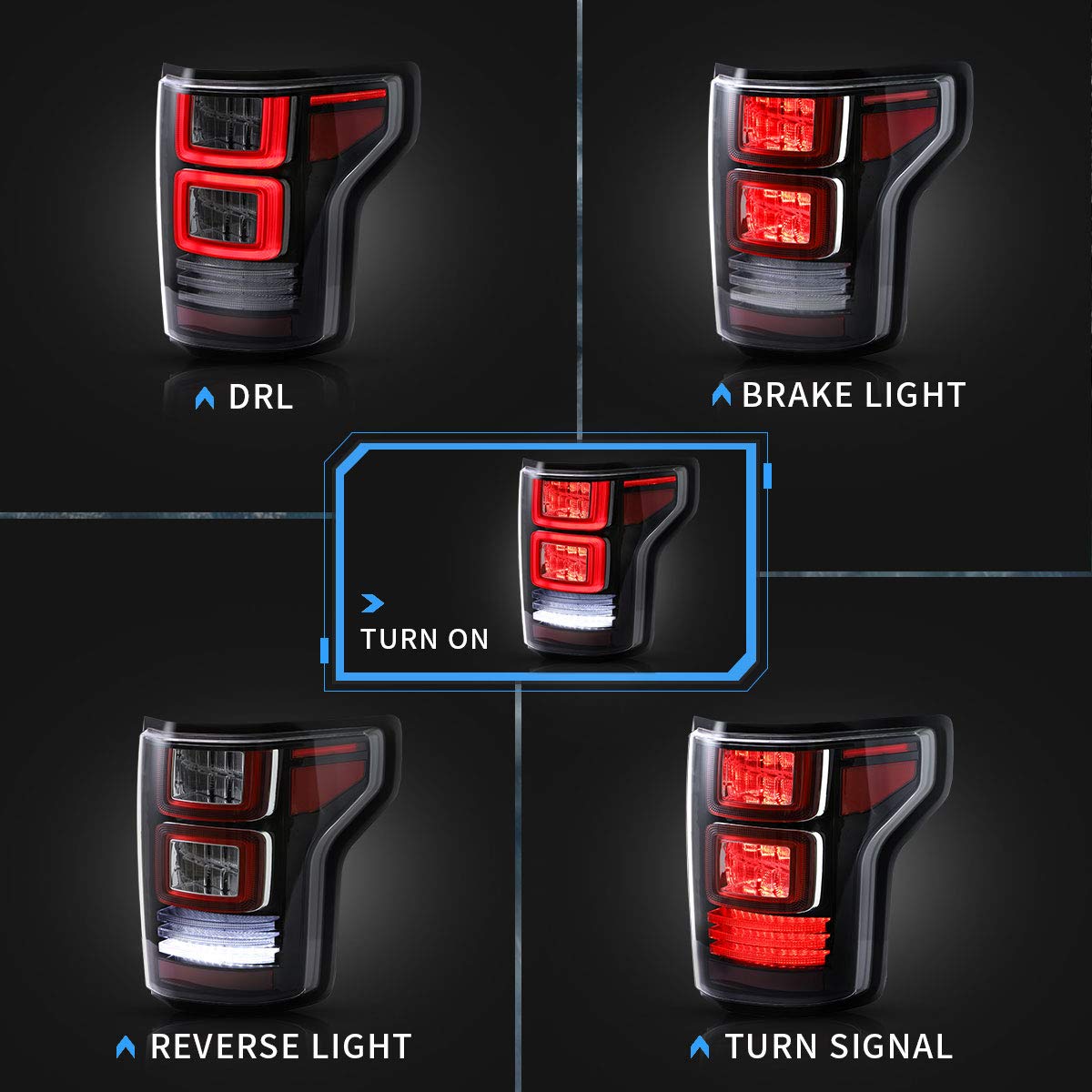 VLAND Led Tail lights Compatible with Ford F-150/ Raptor 2015-2019 Pickup Truck w/Red Turn Signal (Not Fit a XLT/Lariat and Factory with BLISS or LED Version), Smoke