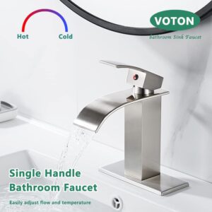 VOTON Waterfall Spout Single Handle Bathroom Faucet Brushed Nickel Commercial Modern Lavatory Deck Mount