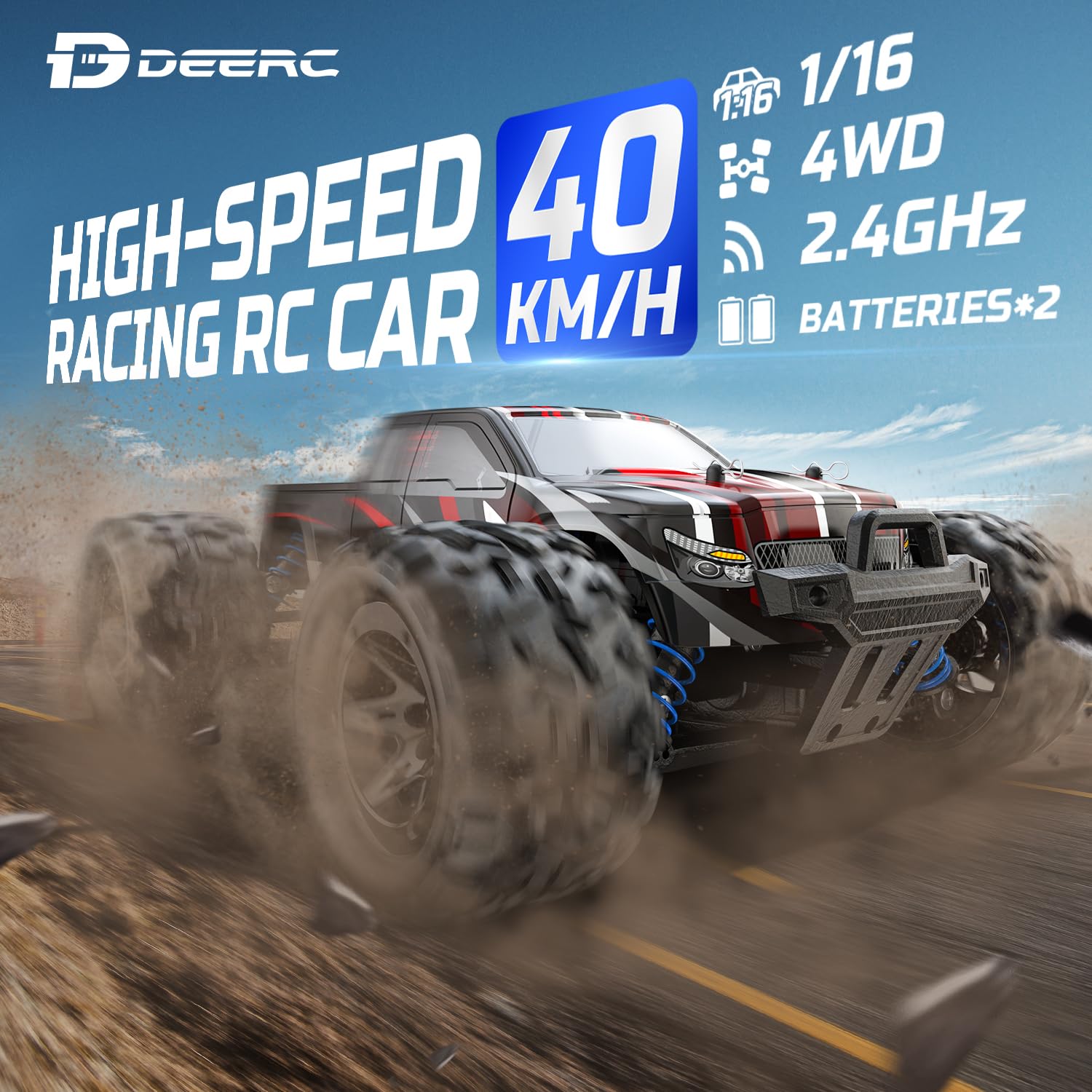 DEERC Remote Control Car High Speed RC Cars for Kids Adults 1:16 Scale 40 KM/H 4WD Off Road Monster Trucks,2.4GHz All Terrain Toy Trucks with 2 Rechargeable Battery