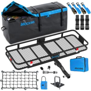 mockins 60x20x6 heavy-duty trailer hitch cargo carrier 500lb cap & 16 cuft soft shell waterproof luggage cargo bag |folding hitch cargo carrier w/net & hitch accessories |2" receiver hitch cargo rack