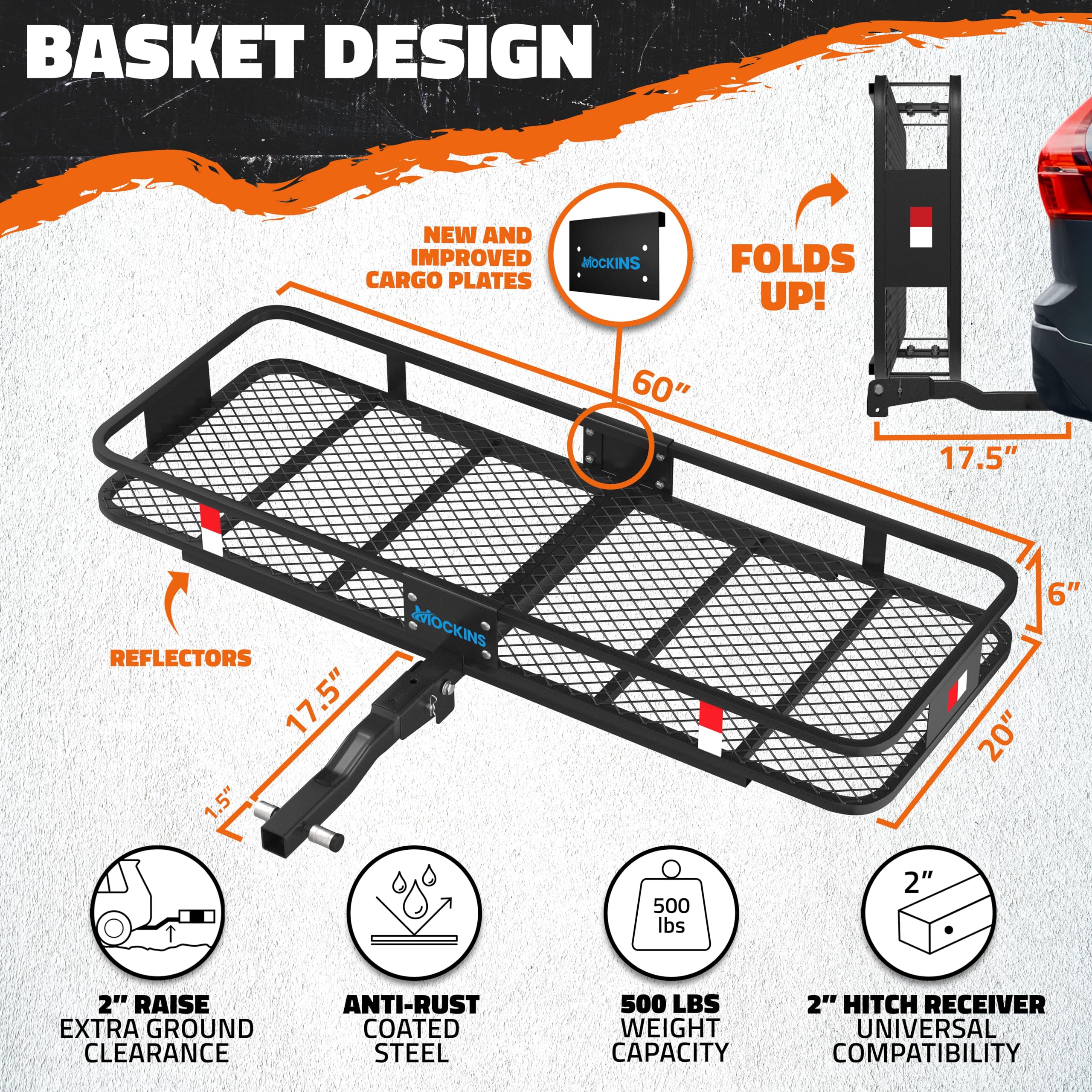 Mockins 60x20x6 Heavy-Duty Trailer Hitch Cargo Carrier 500lb Cap & 16 CuFt Soft Shell Waterproof Luggage Cargo Bag |Folding Hitch Cargo Carrier w/Net & Hitch Accessories |2" Receiver Hitch Cargo Rack