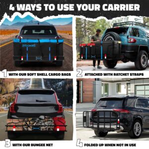 Mockins 60x20x6 Heavy-Duty Trailer Hitch Cargo Carrier 500lb Cap & 16 CuFt Soft Shell Waterproof Luggage Cargo Bag |Folding Hitch Cargo Carrier w/Net & Hitch Accessories |2" Receiver Hitch Cargo Rack