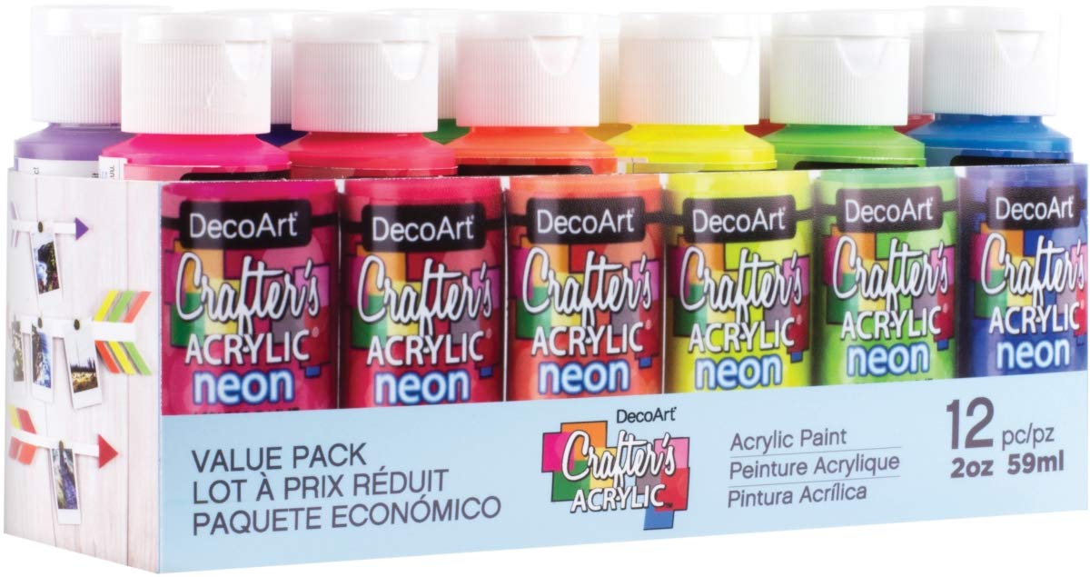 DecoArt DASK396 Crafters Acrylic Brights Value Pack44; Neon & Brights - 12 per Pack12