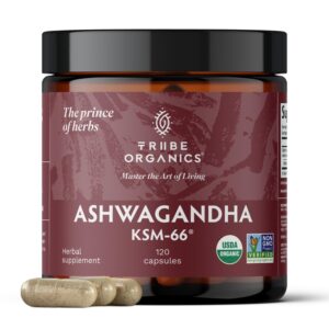 tribe organics ashwagandha ksm 66 pure organic root powder extract ayurvedic supplement - focus, mood support, increase energy, strength, 600mg of natural ksm66 for superior absorption - 120 capsules