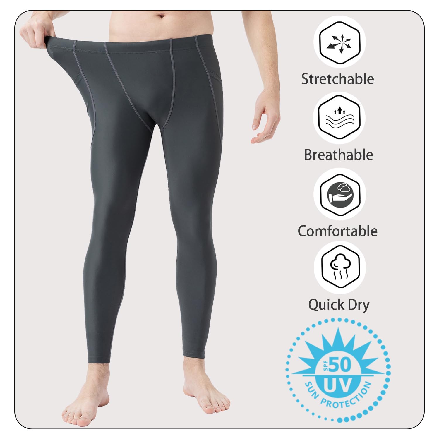 UPF 50+ Men's Surfing Leggings Sun Protection Swimming Pants(6011gray-S)