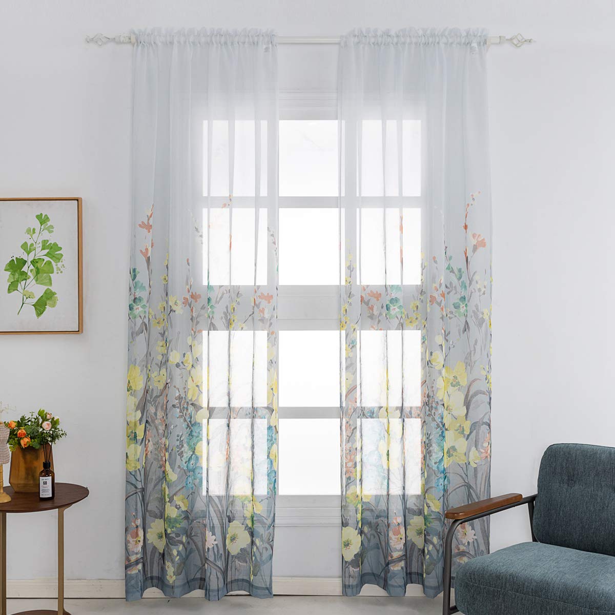 Kotile Yellow Floral Curtains - Print Flowers Blossom 96 Inch Rod Pocket Sheer Window Curtains for Living Room, 52 x 96 Inches, 2 Panels