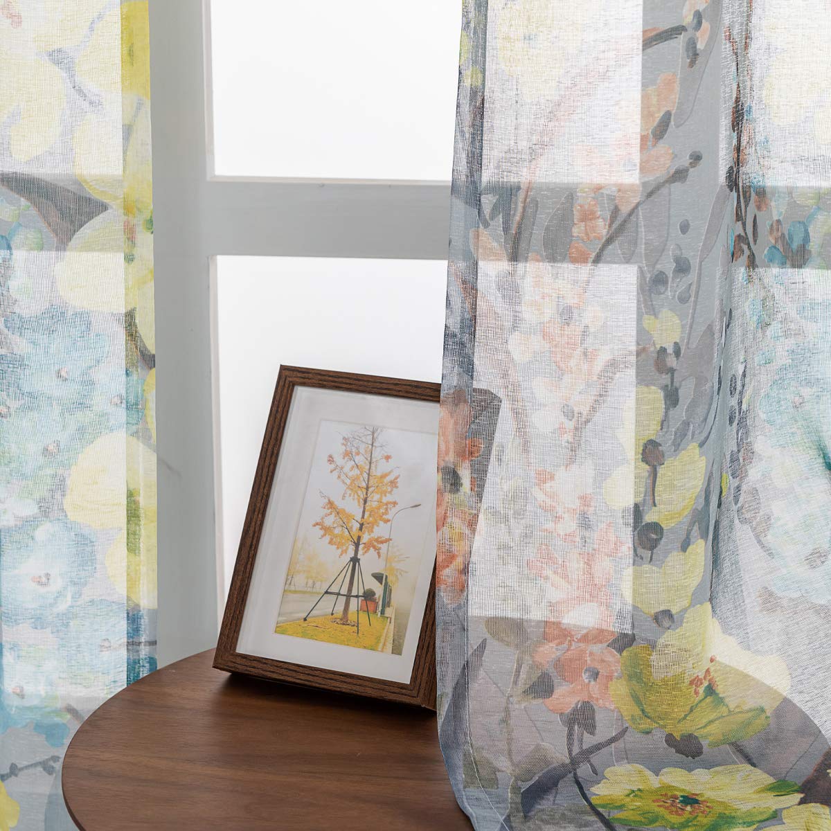 Kotile Yellow Floral Curtains - Print Flowers Blossom 96 Inch Rod Pocket Sheer Window Curtains for Living Room, 52 x 96 Inches, 2 Panels