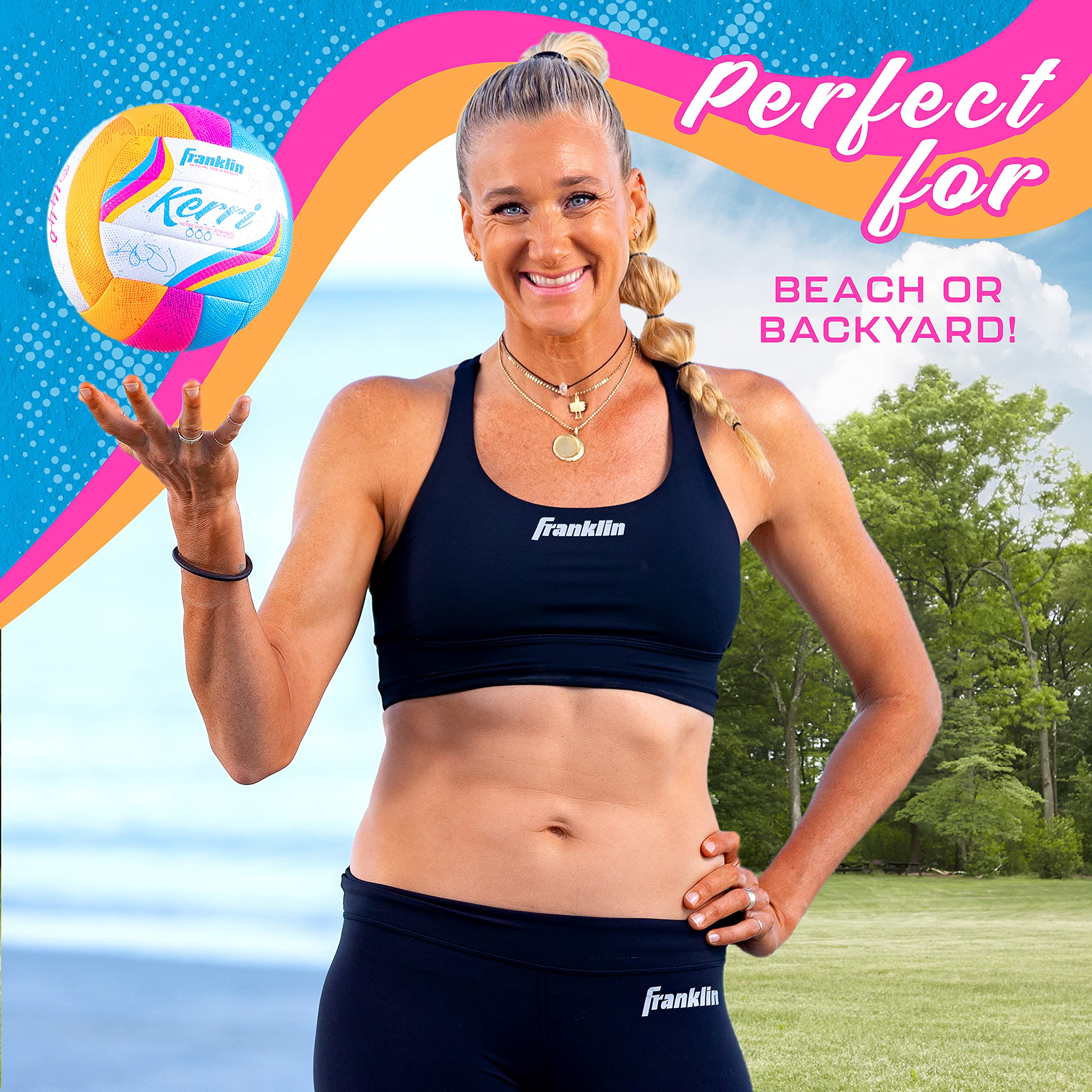 Franklin Sports Kerri Walsh Beach + Outdoor Volleyball - Official Size + Weight - Soft Cover Volleyball for Kids + Adults - with Pump + Needle Included