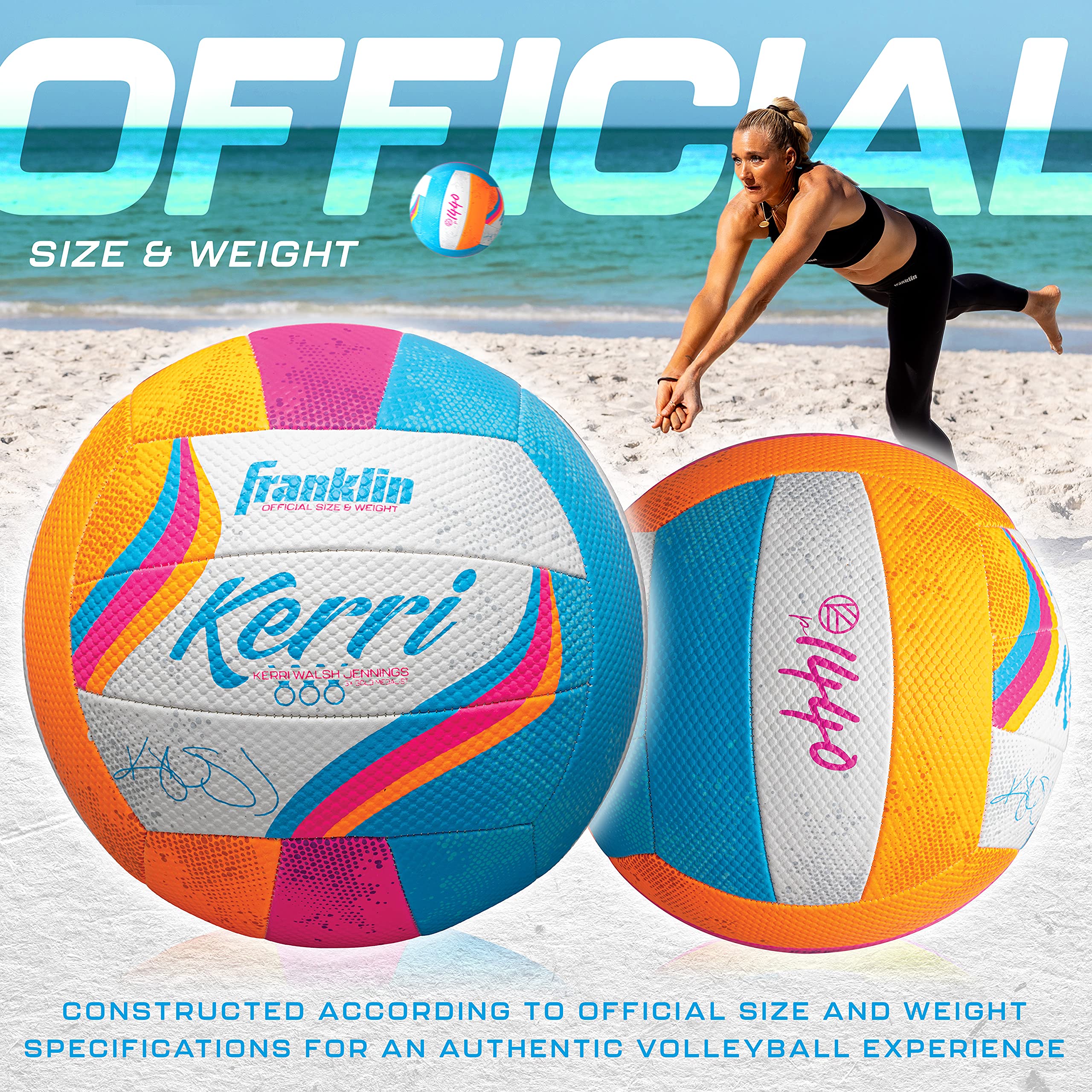 Franklin Sports Kerri Walsh Beach + Outdoor Volleyball - Official Size + Weight - Soft Cover Volleyball for Kids + Adults - with Pump + Needle Included