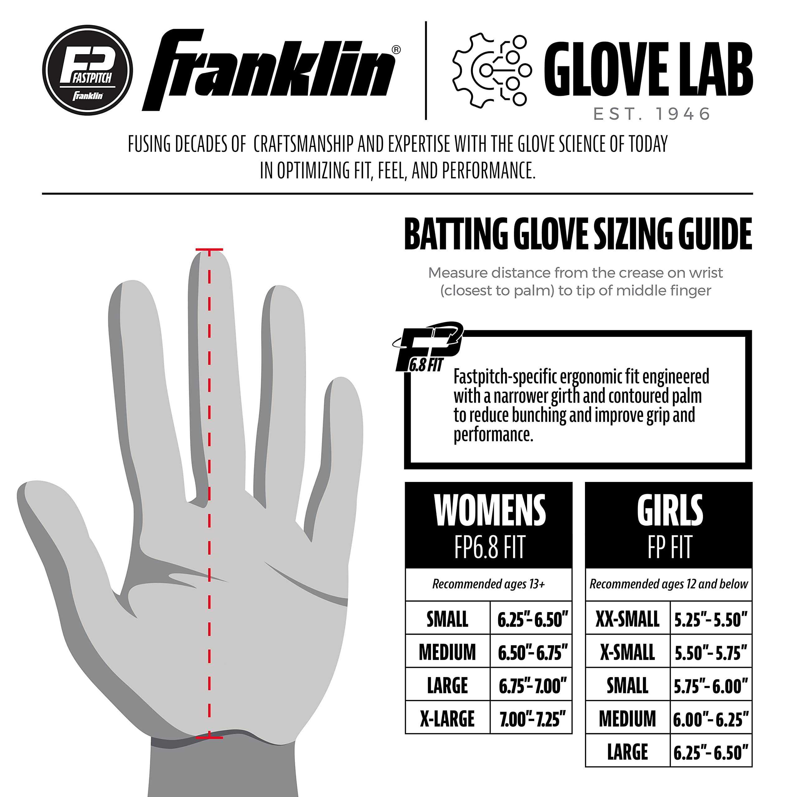 Franklin Sports CFX FP Softball Batting Gloves Pair, Women's Small, White/Black