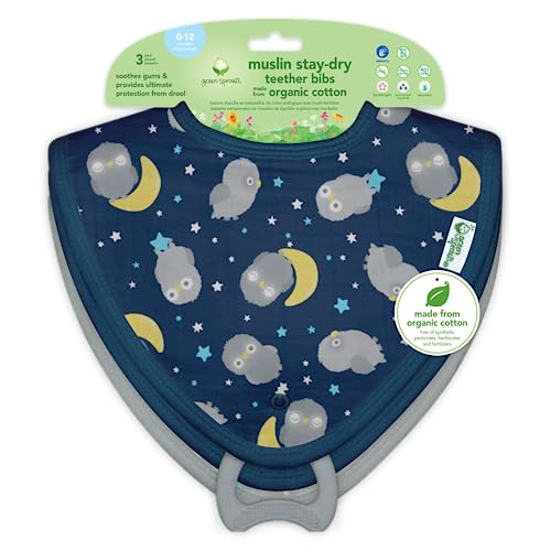 green sprouts Muslin Stay-dry Bandana Teether Bibs made from Organic Cotton (3 pack) | Soothes gums & protects from drool | Machine washable, sterilizer safe, Made without BPA