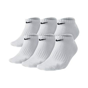 NIKE Dri-Fit Training Everyday Cotton Cushioned No-Show Ankle Socks 6 PAIR White with Black Signature Swoosh Logo LARGE 8-12