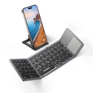 samsers foldable bluetooth keyboard with touchpad portable wireless keyboard with stand holder, rechargeable full size ultra slim pocket folding keyboard for android windows ios tablet & laptop-gray