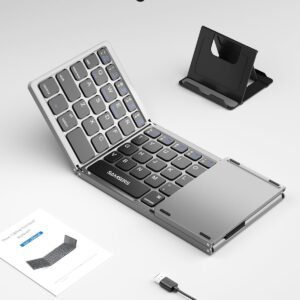 Samsers Foldable Bluetooth Keyboard with Touchpad Portable Wireless Keyboard with Stand Holder, Rechargeable Full Size Ultra Slim Pocket Folding Keyboard for Android Windows iOS Tablet & Laptop-Gray