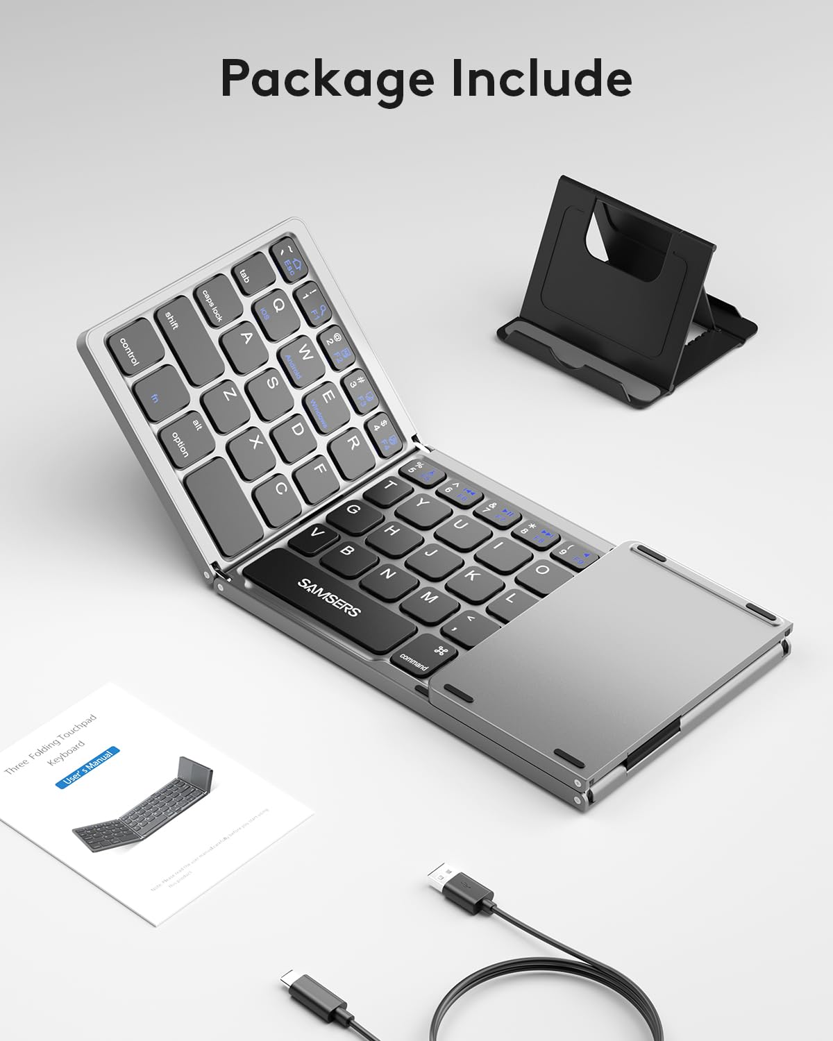 Samsers Foldable Bluetooth Keyboard with Touchpad Portable Wireless Keyboard with Stand Holder, Rechargeable Full Size Ultra Slim Pocket Folding Keyboard for Android Windows iOS Tablet & Laptop-Gray