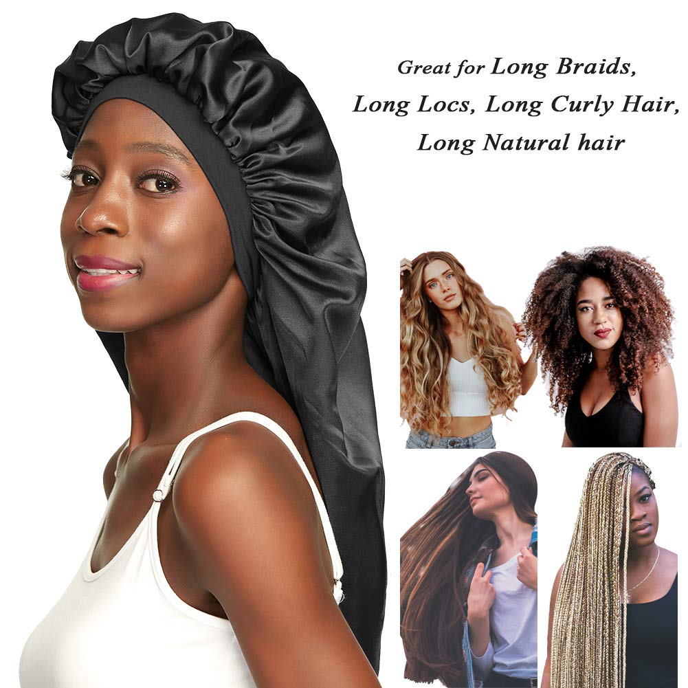 Long Braids Satin Bonnet Jumbo Sleep Cap to Protect Hair Black