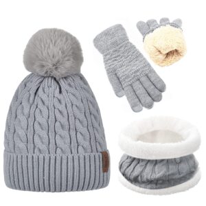 womens winter beanie hat scarf and gloves set girls cable beanies with pompom infinity scarf knitted touch screen gloves sets for cold weather ladies grey knit thick warm soft fleece lined thermal cap