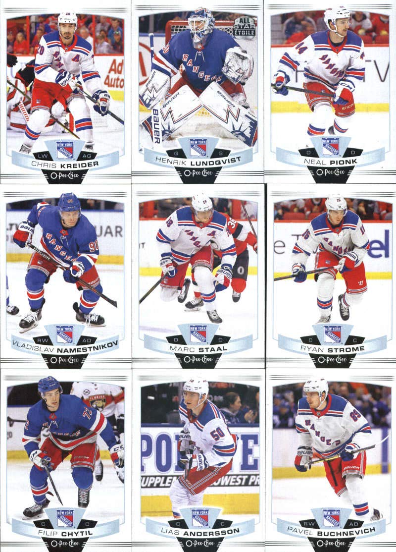 2019-20 O-Pee-Chee Hockey New York Rangers Team Set of 15 Cards: Chris Kreider(#21), Henrik Lundqvist(#58), Neal Pionk(#67), Vladislav Namestnikov(#77), Marc Staal(#118), Ryan Strome(#140), Filip Chytil(#179), Lias Andersson(#197), Pavel Buchnevich(#199),