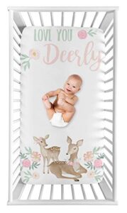 sweet jojo designs woodland deer floral girl fitted crib sheet baby or toddler bed nursery photo op - blush pink, mint green and white boho watercolor love you deerly