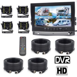 Padarsey Backup Camera System, 4 Split Screen 9'' Quad View Display HD Monitor with DVR Recording Function, Waterproof Night Vision Cameras x 4 for Truck Trailer Heavy Box Truck RV Camper Bus