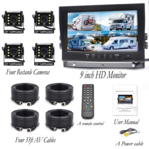 Padarsey Backup Camera System, 4 Split Screen 9'' Quad View Display HD Monitor with DVR Recording Function, Waterproof Night Vision Cameras x 4 for Truck Trailer Heavy Box Truck RV Camper Bus