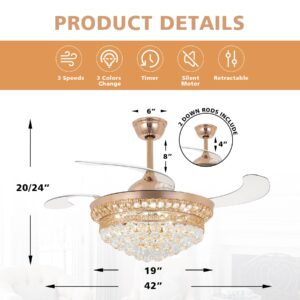 BIGBANBAN Bling Crystal Chandelier Fan, Retractable Ceiling Fans,42 Inch Ceiling Fan with 3 Color Change LED Light and Remote for Bedroom/Living Room/Dining Room (Rose Gold)