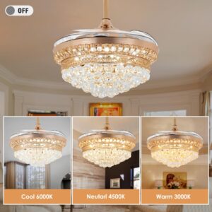 BIGBANBAN Bling Crystal Chandelier Fan, Retractable Ceiling Fans,42 Inch Ceiling Fan with 3 Color Change LED Light and Remote for Bedroom/Living Room/Dining Room (Rose Gold)