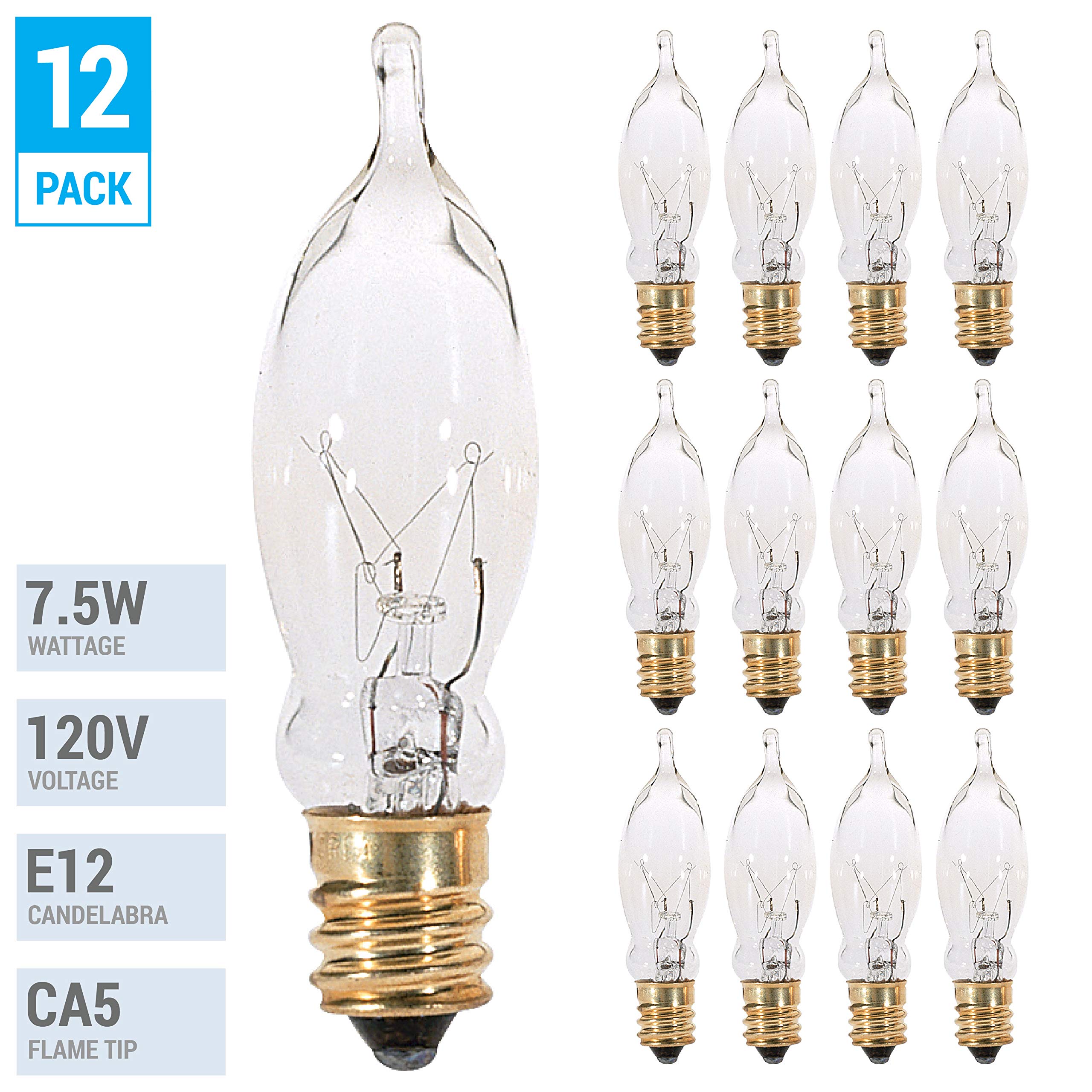 KOR (12 Pack) 7.5CFC/15/3 7.5W 120 Volt, Flame Candelabra Tip Chandelier Bulb, Clear CA5 Incandescent, Petite Decorative Lamp, E12 Candelabra Brass Plated Base, 40 Lumens, Dimmable.