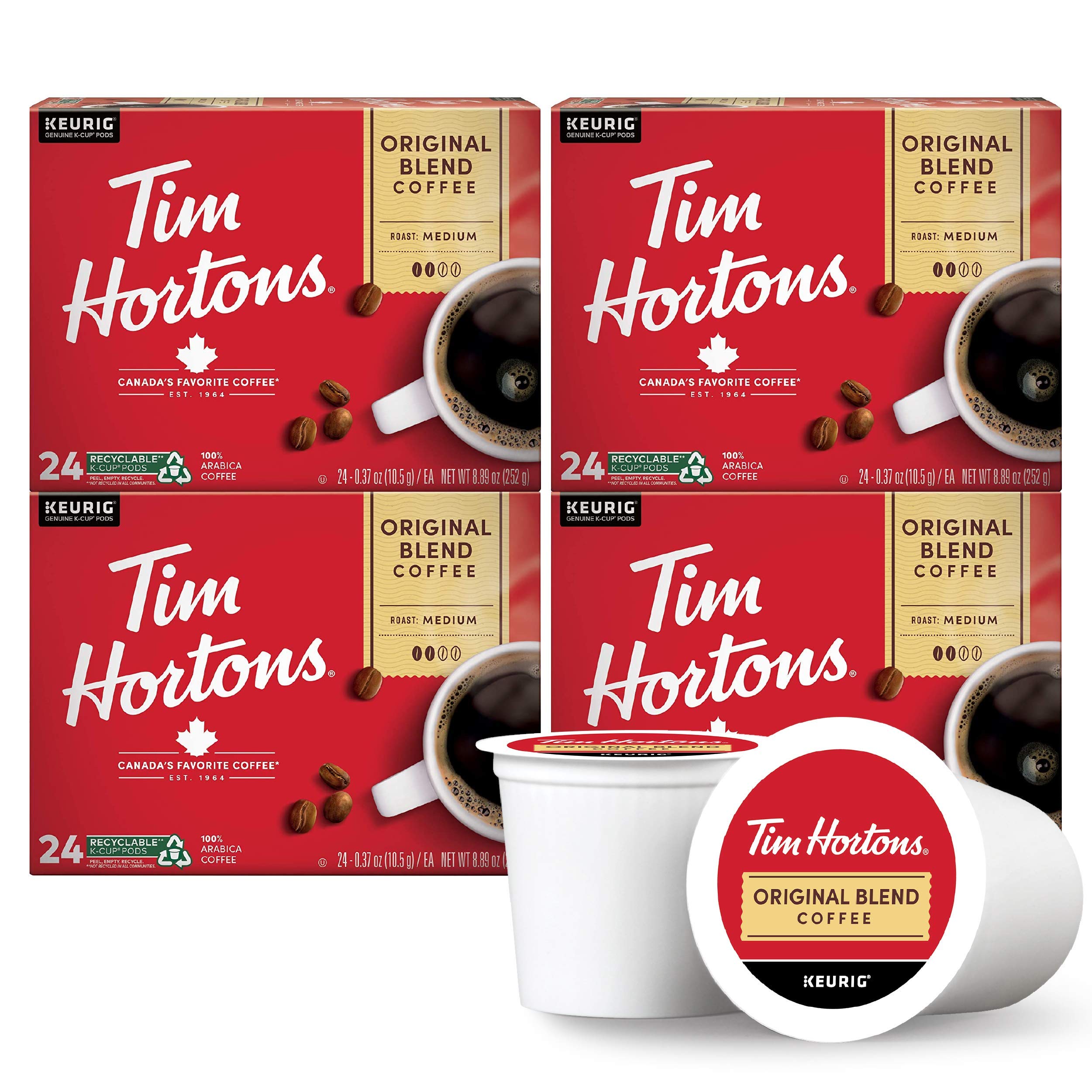 Tim Hortons Original Blend, Medium Roast Coffee, Single-Serve K-Cup Pods Compatible with Keurig Brewers, 96ct K-Cups, Red