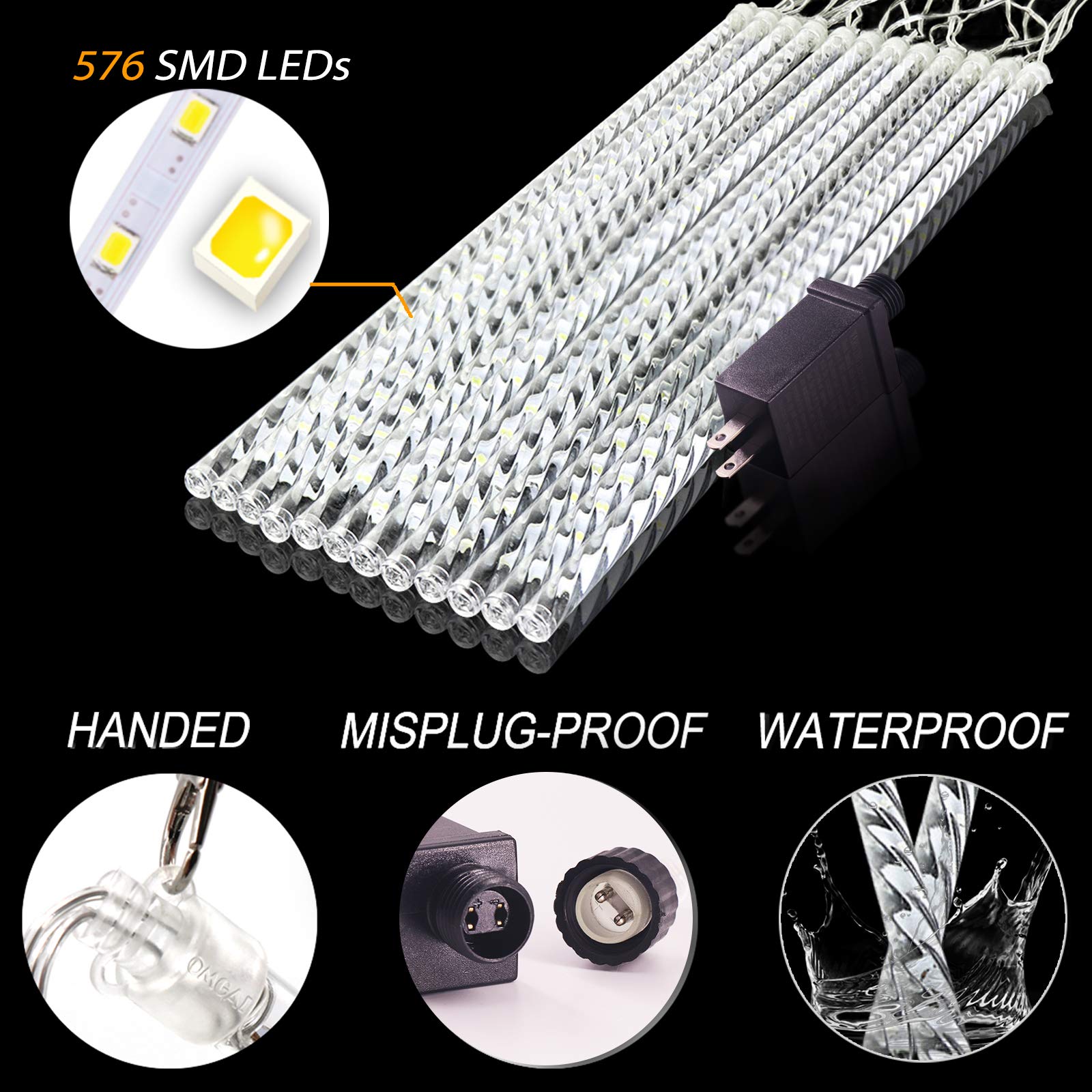 OMGAI 50CM 12 Tubes 576 LED Meteor Shower Rain Lights - Waterproof Drop Icicle Snow Falling Raindrop Cascading Lights for Garden Wedding Party Christmas Shine White