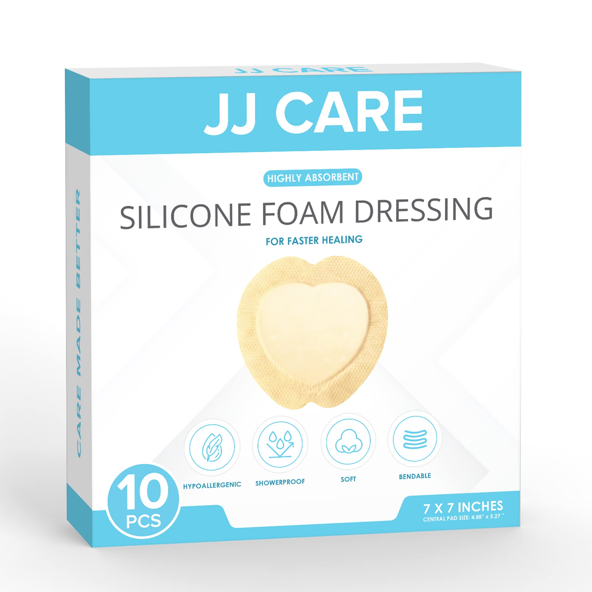 JJ CARE Sacrum Silicone Foam Dressing with Border 7x7 [Pack of 10], Waterproof Sacral Foam Dressing for Wounds, Absorbent Bed Sore Bandages, Sacral Wound Dressing with Silicone Adhesive Border