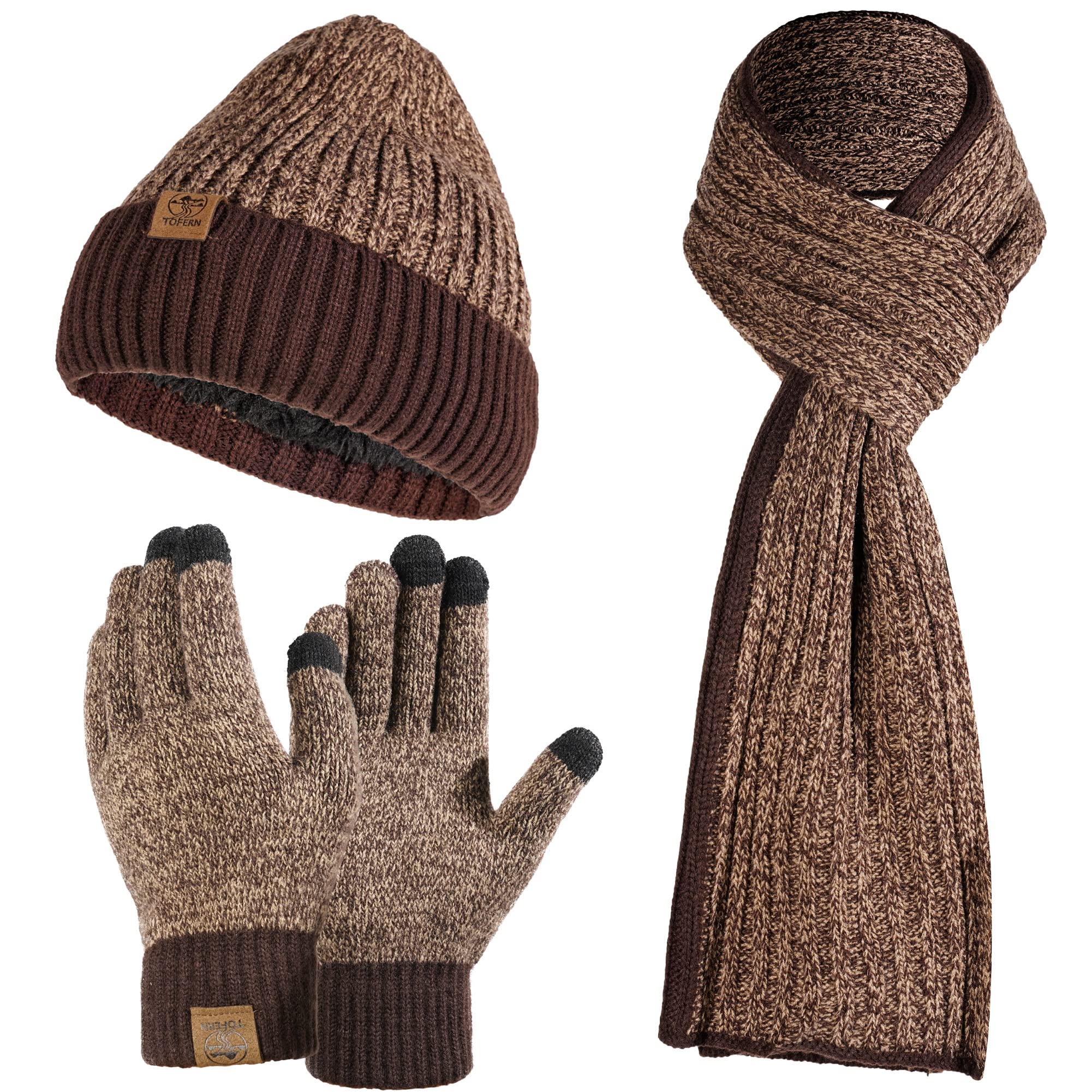 Tofern Winter Beanie Hats Scarf Gloves Set Snow Knit Skull Cap Touch Screen Mittens Long Scarf for Men Women Winter Warm