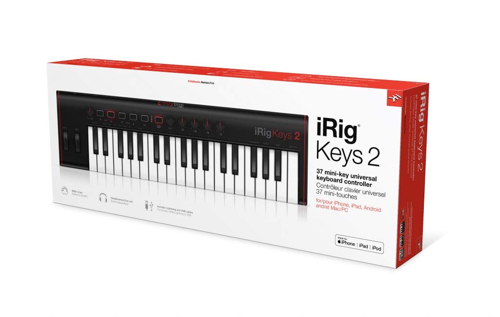 IK Multimedia iRig Keys 2 portable keyboard MIDI controller with 37 velocity-sensitive synth-action mini keys and headphone output, for iPhone, iPad, Mac, PC, Android