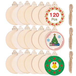 Max Fun 120Pcs Wood Slices 3.5" Wooden DIY Christmas Ornaments Unfinished Predrilled Wood Circles for Crafts Centerpieces Round Wooden Discs Hanging Decorations