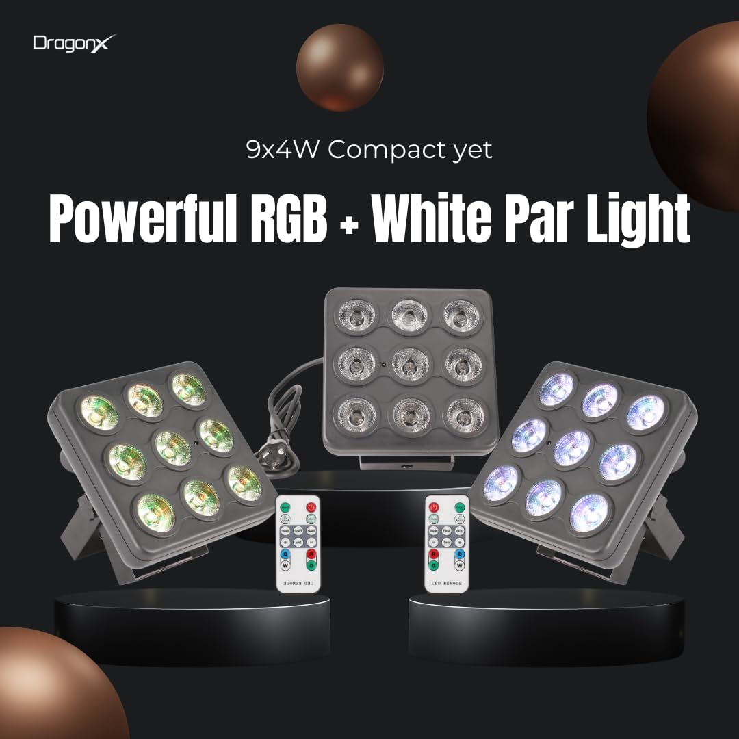 DragonX 9x4W LED Par Lights RGBW Slim DJ Stage Lights with DMX Control - Versatile Uplighting for Parties, Weddings, Church Gigs, Bars & Indoor Events