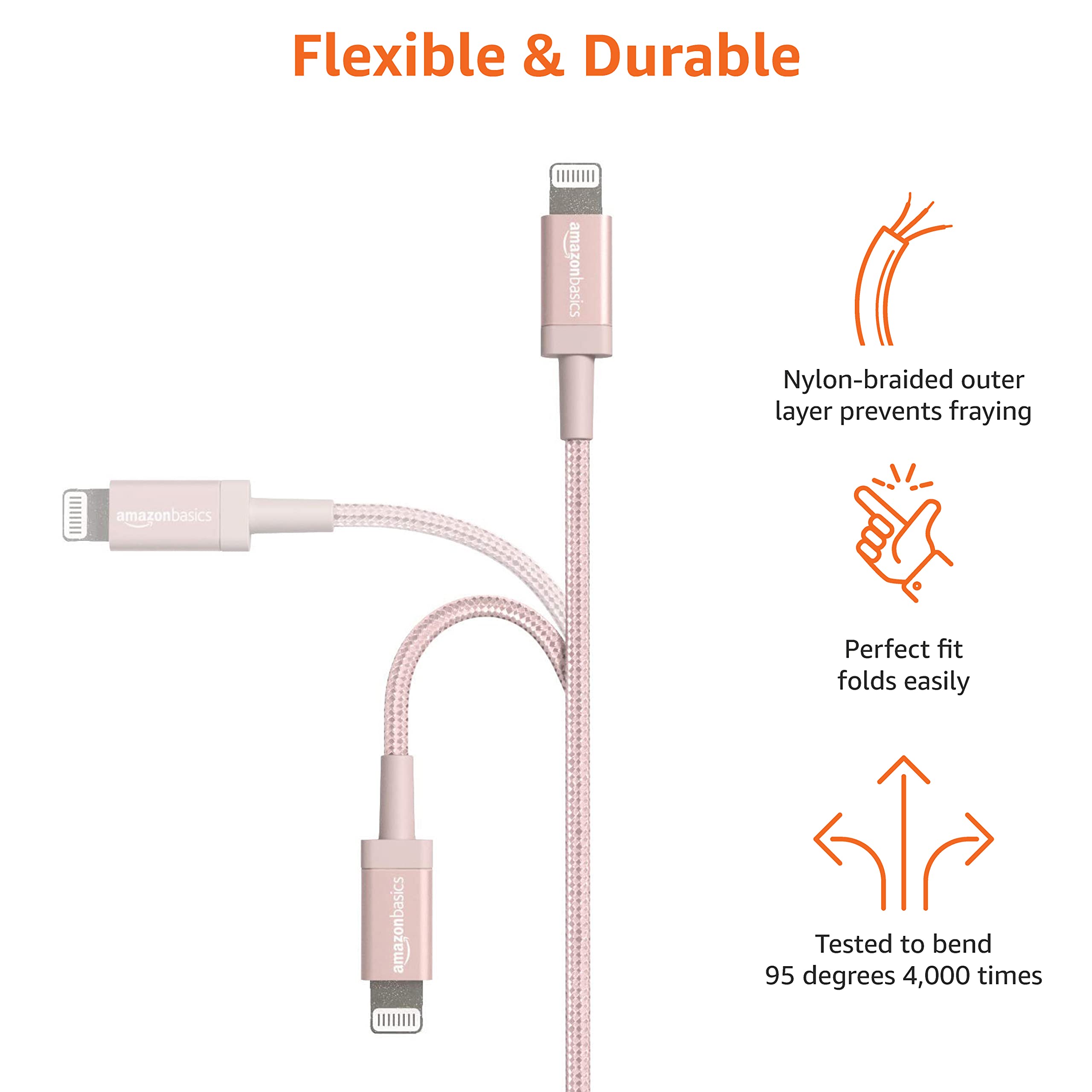 Amazon Basics USB-C to Lightning Charger Cable, Nylon Braided Cord, MFi Certified Charger for Apple iPhone 14 13 12 11 X Xs Pro, Pro Max, Plus, iPad, 6 Foot, Rose Gold