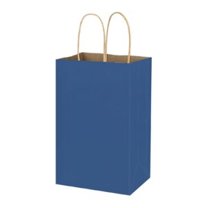 bagmad 100 pack 5.25x3.25x8 inch small blue kraft paper bags with handles bulk, gift bags, craft grocery shopping retail party favors wedding bags sacks (blue, 100pcs)